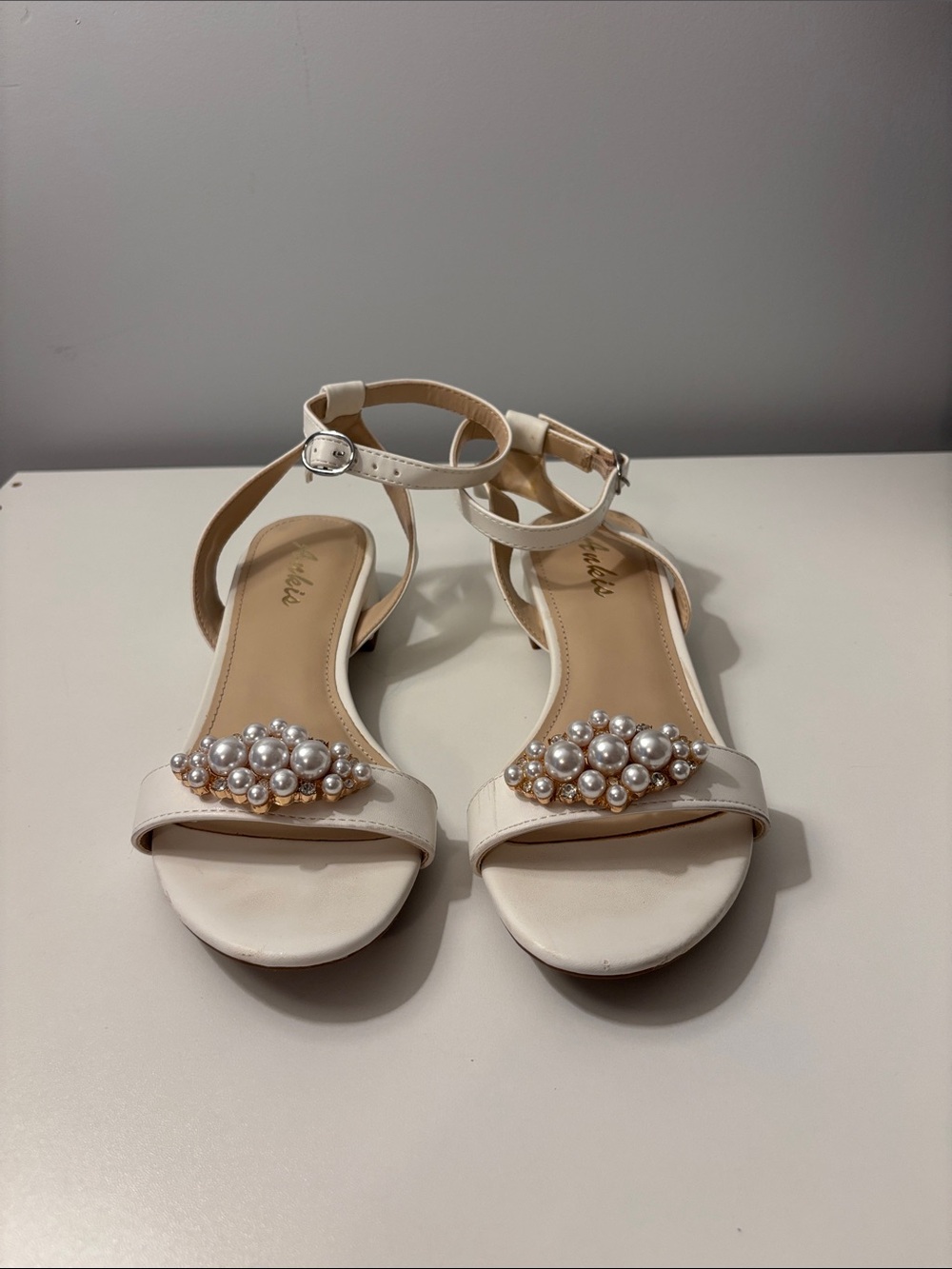 Amazon Bridal Sandals with White Pearl-Detail and 1 Inch Heel